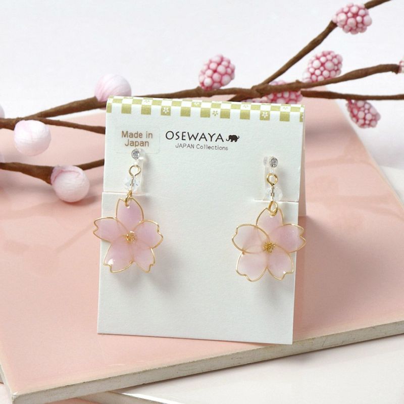 ノンホールピアス 桜 ストーン ラメ イヤリング 樹脂タイプ