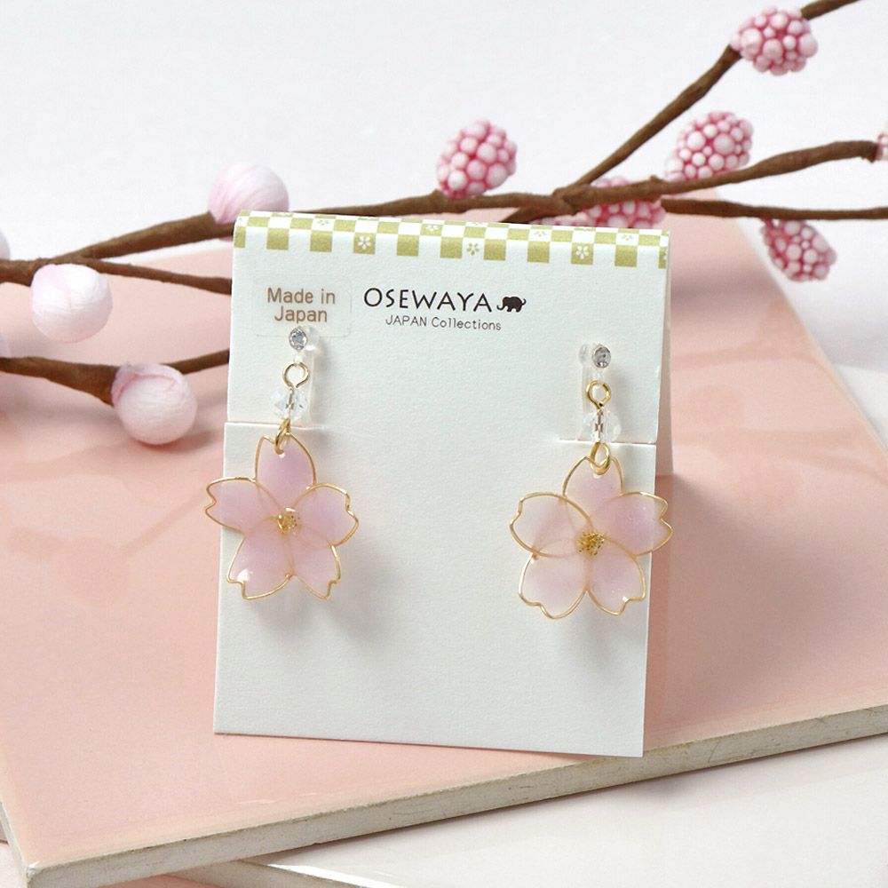 ノンホールピアス 桜 ストーン ラメ イヤリング 樹脂タイプ | OSEWAYA