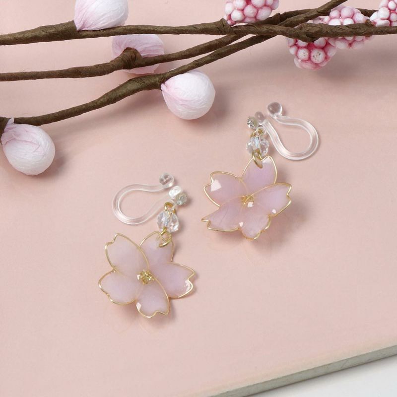 ノンホールピアス 桜 ストーン ラメ イヤリング 樹脂タイプ | OSEWAYA