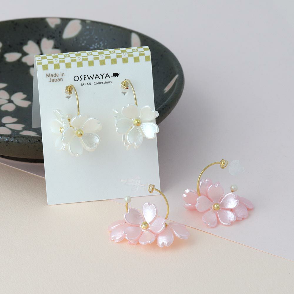 樹脂ピアス 桜 パール メタル C型 フープピアス | OSEWAYAオンライン