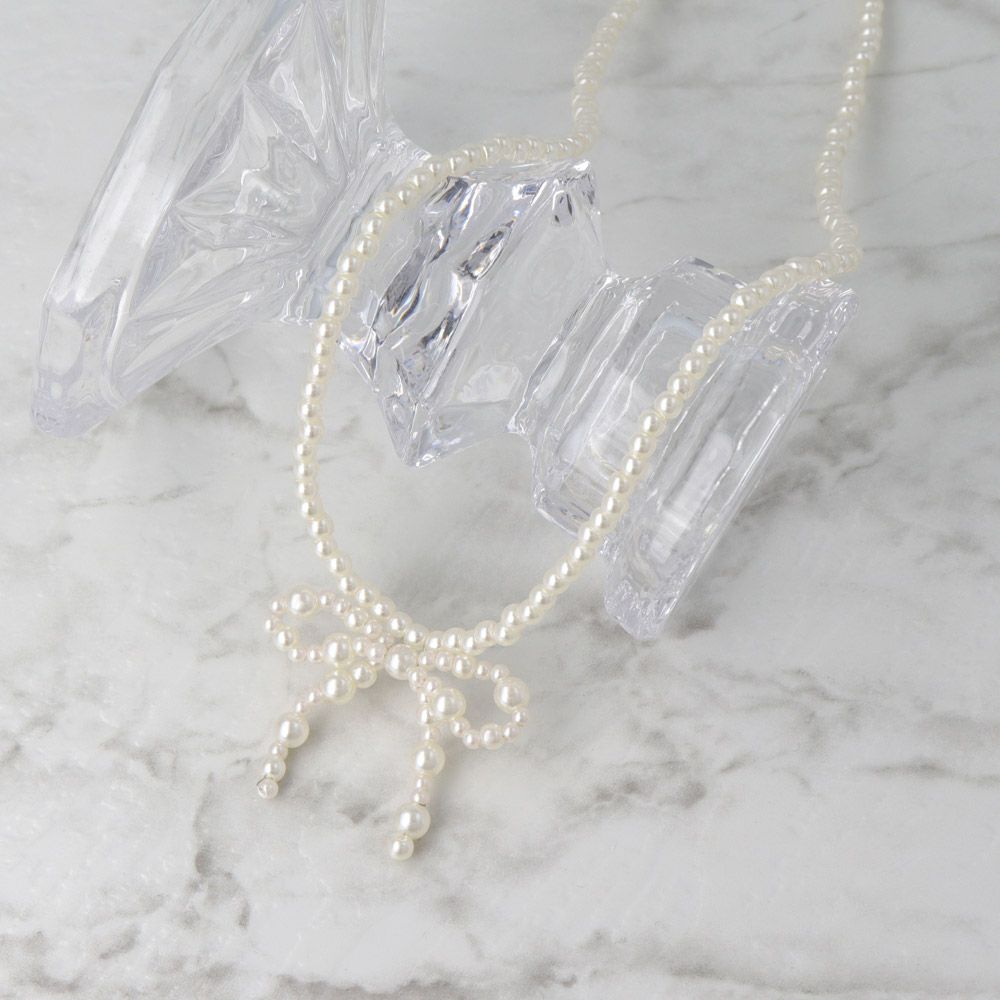ネックレス beads accessory ニッケルフリー パール リボン ショートネックレス