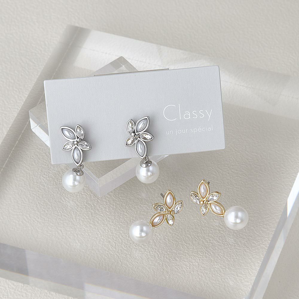 Classy ピアス ニッケルフリー メタル パール ストーン リーフ チタンポスト ドロップピアス